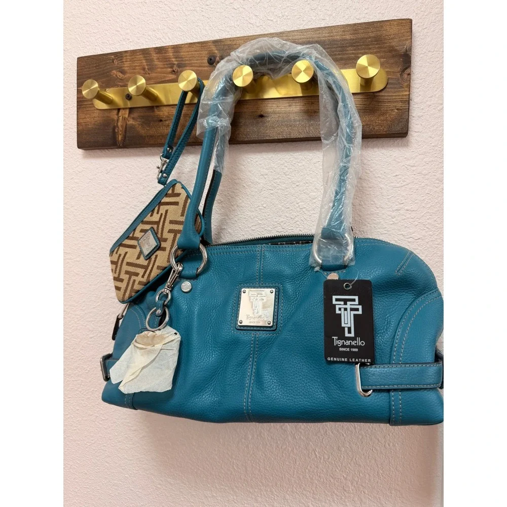 Tignanello Womens Satchel Large Teal Leather Dome Bag Matching Wristlet NWT